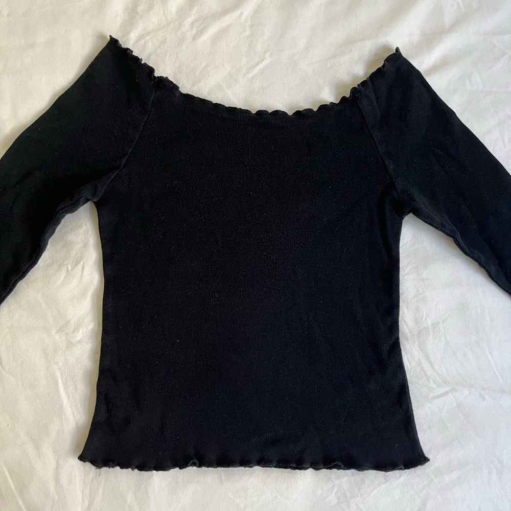 Brandy Melville Black Off the Shoulder Top with Lettuce Hem - Picture 3 of 7